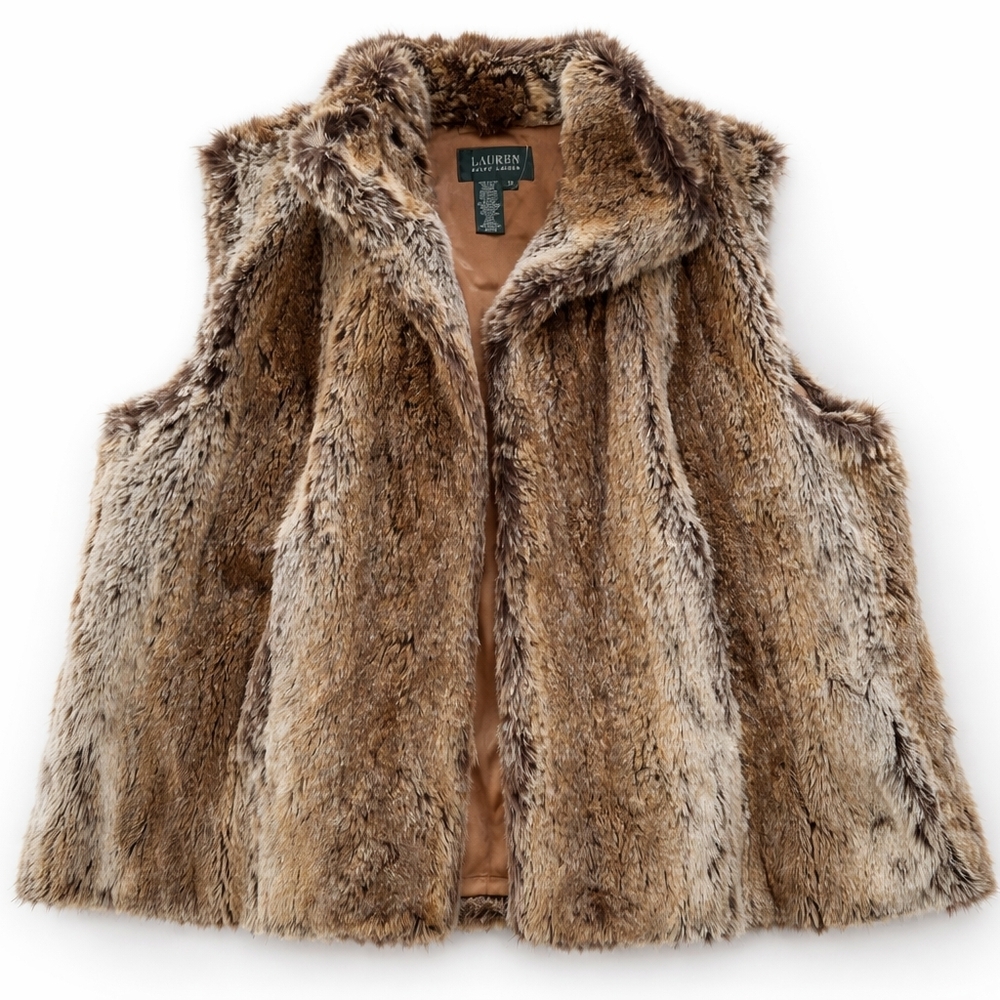 Ralph Lauren Faux Fur Trim Vest in Taupe and Natural Fur - 2x